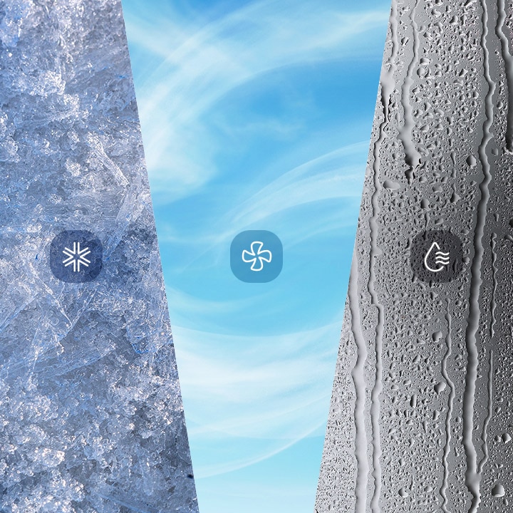 Características del aire acondicionado portátil LG: tres paneles que muestran hielo, una brisa y gotas de agua con iconos de modo.