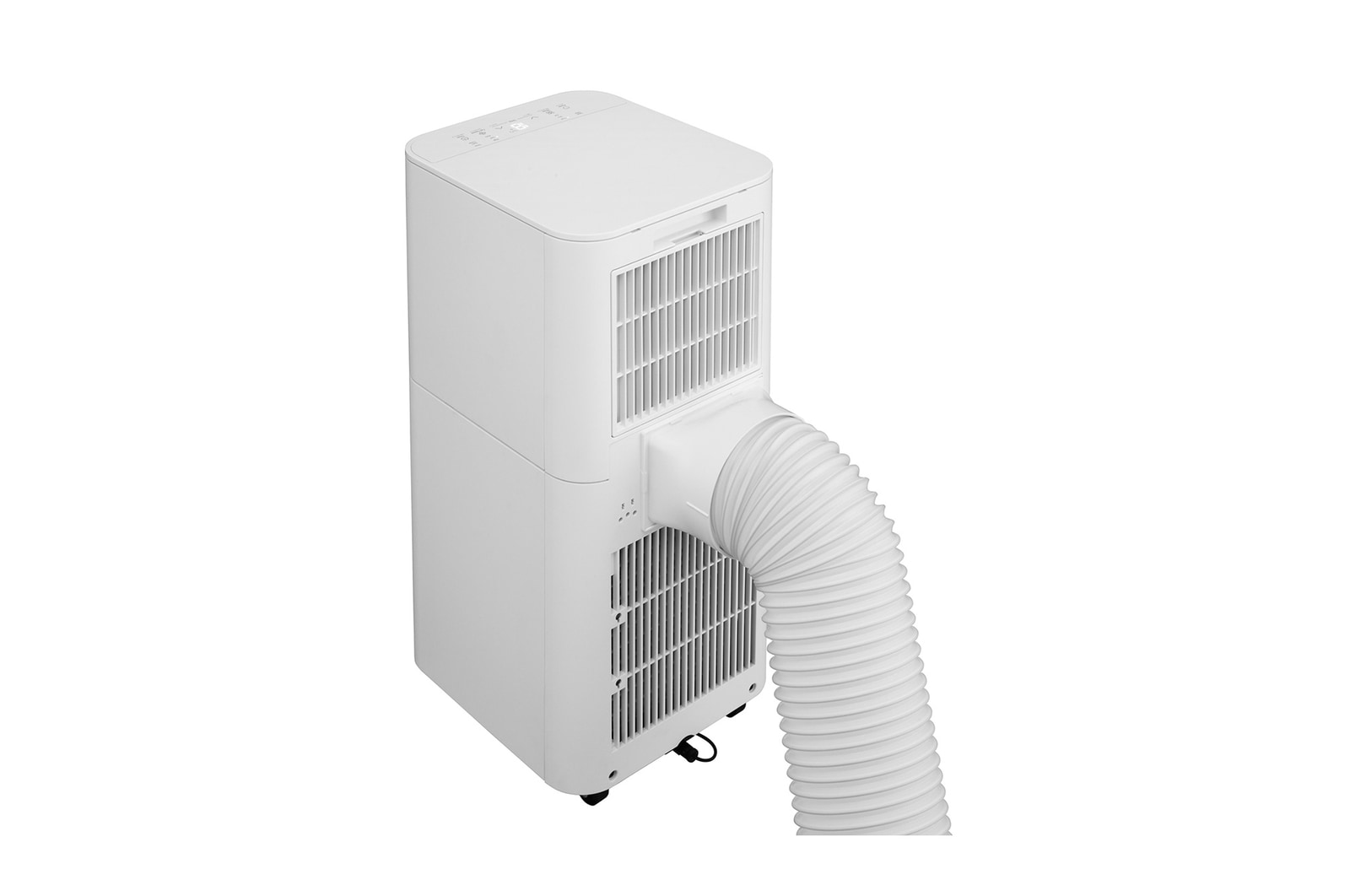 Rear-side view of a portable air conditioner with the exhaust hose attached
