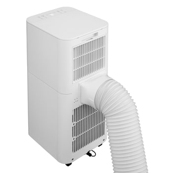Rear-side view of a portable air conditioner with the exhaust hose attached