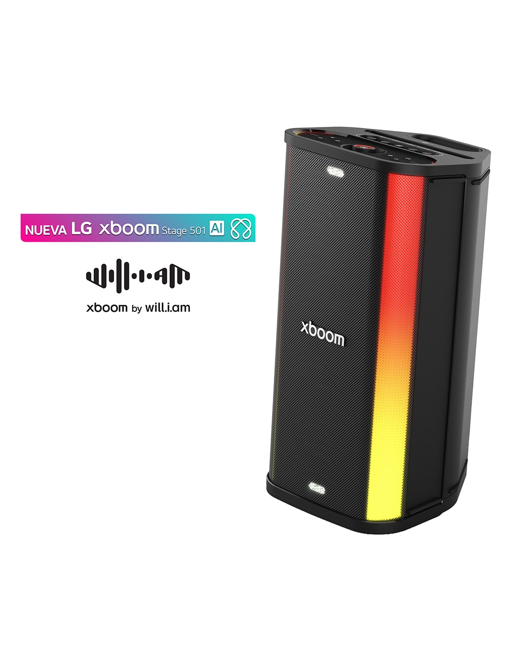 Vista frontal de LG xboom Stage 501 by will.i.am, Bocina Bluetooth portátil, 25hrs de batería, IPX4 STAGE501