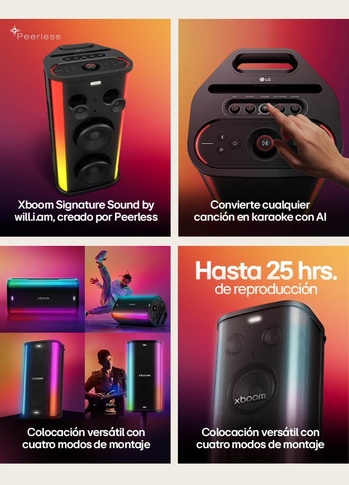 1) LG xboom Stage 501, a powerful party speaker with signature sound tuned by Peerless and built-in lighting 2) LG xboom Stage 501, hand adjusting controls on party speaker to turn any song into AI-powered karaoke 3) LG xboom Stage 501, a party speaker shown in different setups demonstrating versatile 4-way mounting modes 4) LG xboom Stage 501, a party speaker highlighting up to 25 hours of battery playtime, from day to night and beyond