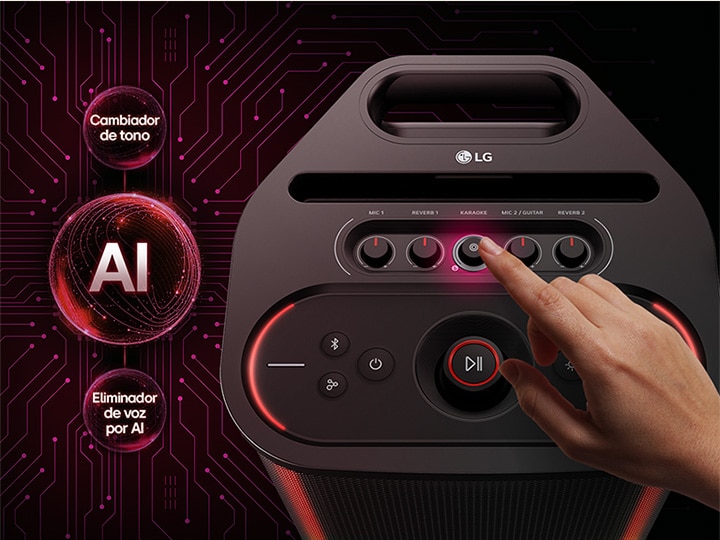 LG xboom Stage 501 speaker showing AI Karaoke Master features, with AI Key Changer and Voice Remover controls used to turn any song into karaoke.