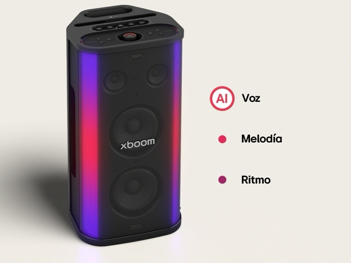 LG xboom Stage 501 speaker with colorful dual-bar LED lighting, showing AI lighting synchronized with music for an immersive party design