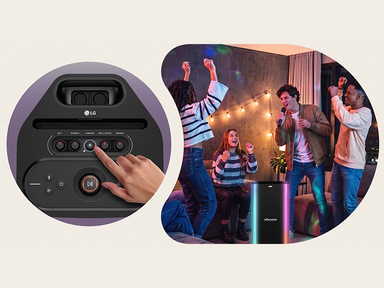 Las personas cantan delante de la LG xboom Stage 501, habilitando AI Karaoke con las funciones de eliminación de voz y cambio de tono, sin necesidad de ninguna aplicación.