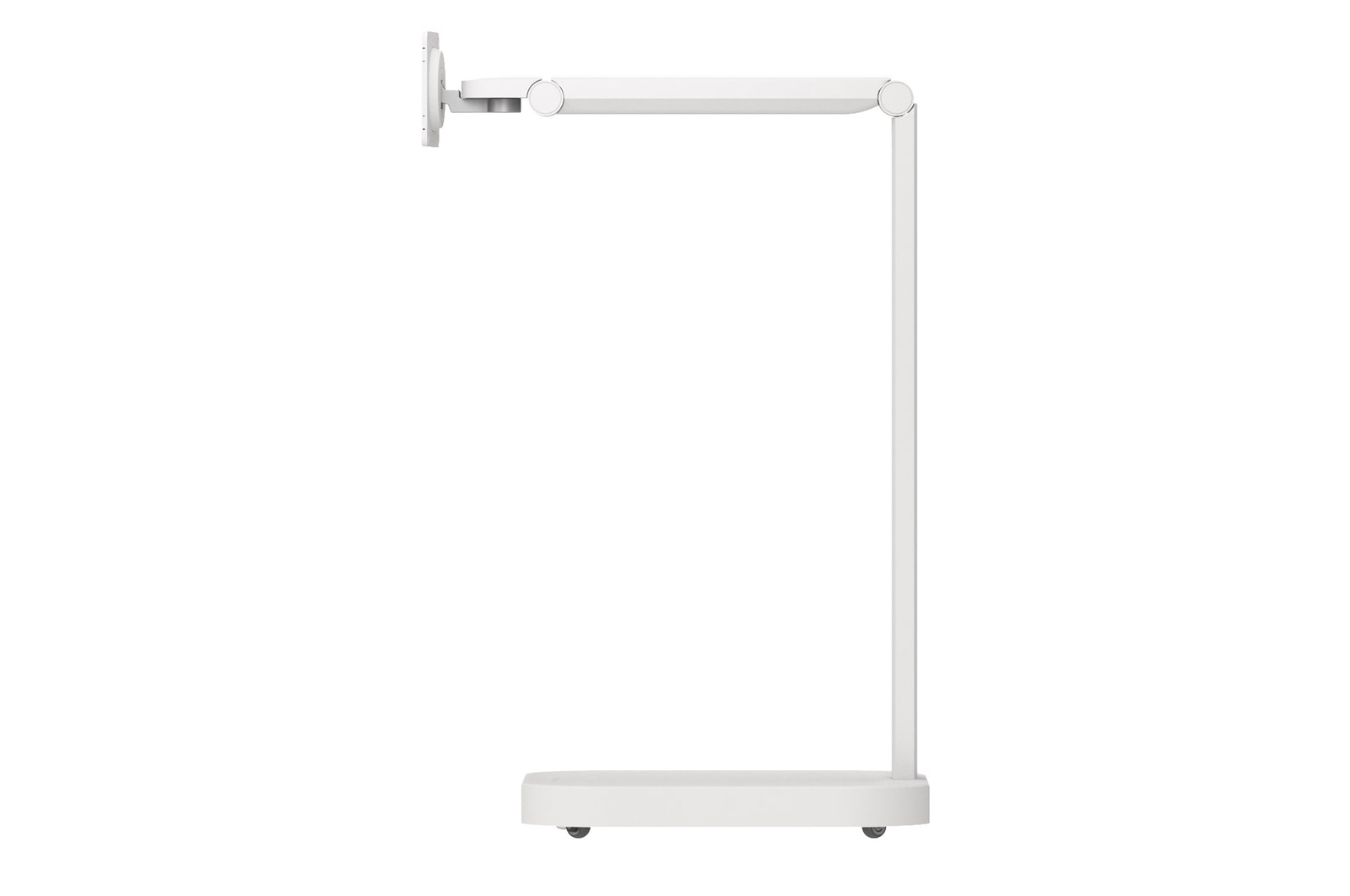 Side view of the monitor stand arm in a lowered position,