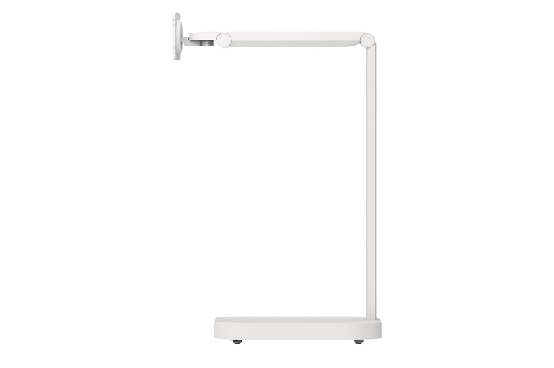 Side view of the monitor stand arm in a lowered position,