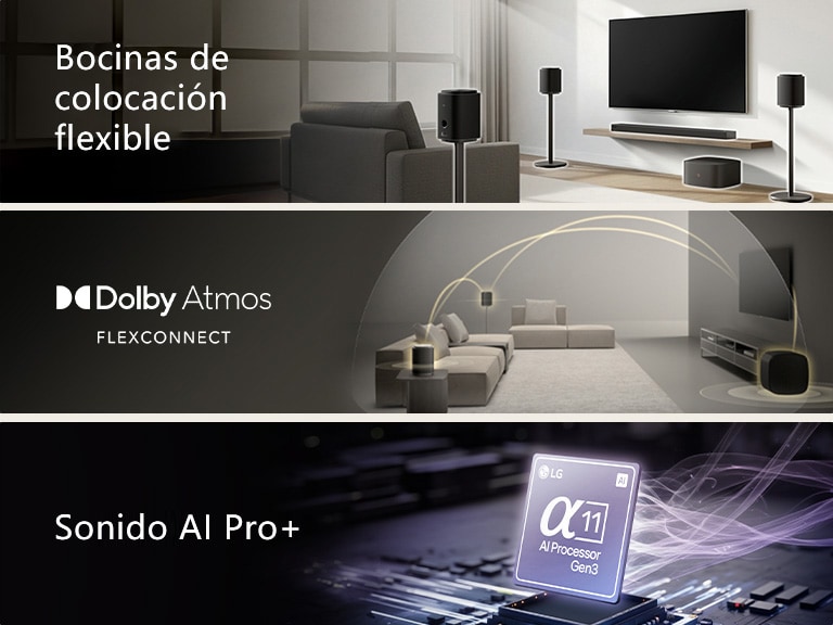 "1) LG Sound Suite instalada en una sala de estar, lo que demuestra la flexibilidad en la colocación de las bocinas para crear un sistema de sonido doméstico envolvente 2) LG Sound Suite, con la tecnología Dolby Atmos FlexConnect, detecta la ubicación de cada bocina para optimizar los sistemas de sonido envolvente 3) Primer plano del Procesador LG alpha 11 AI Gen3 iluminado para representar la tecnología AI Sound Pro+"
