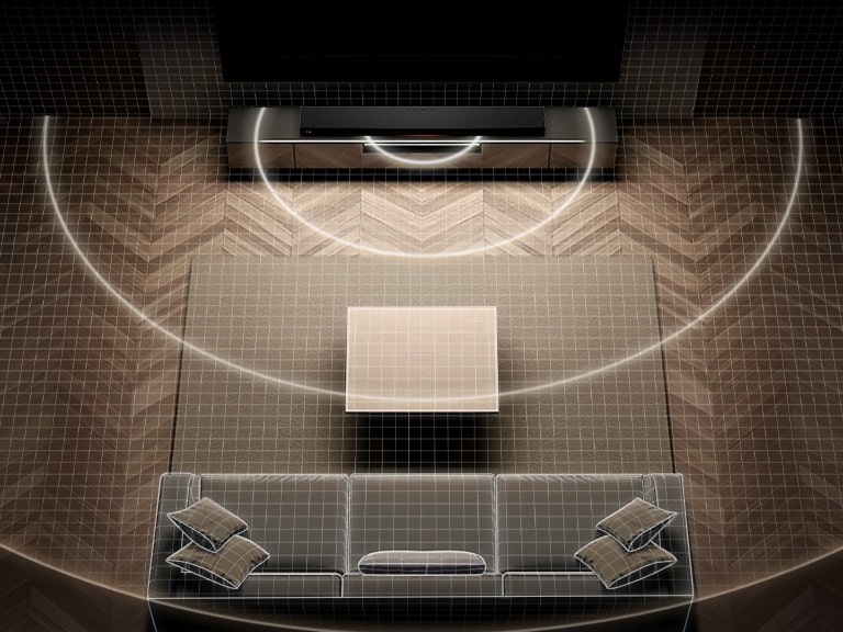 Vista aérea de una sala de estar con ondas sonoras circulares que se propagan uniformemente desde la barra de sonido LG Sound Suite H7, lo que ilustra la función de calibración de la sala