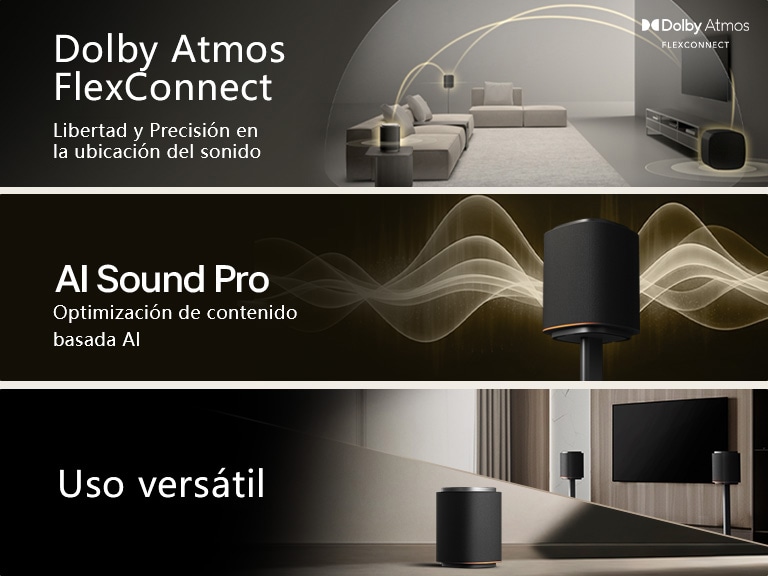 1) LG Sound Suite with Dolby Atmos FlexConnect technology detects each speaker’s location to optimize surround sound systems 2) LG Sound Suite speaker emitting golden sound waves, illustrating AI Sound Pro for an optimized home sound system 3) LG Sound Suite speakers arranged with a TV , highlighting versatile use for home audio systems
