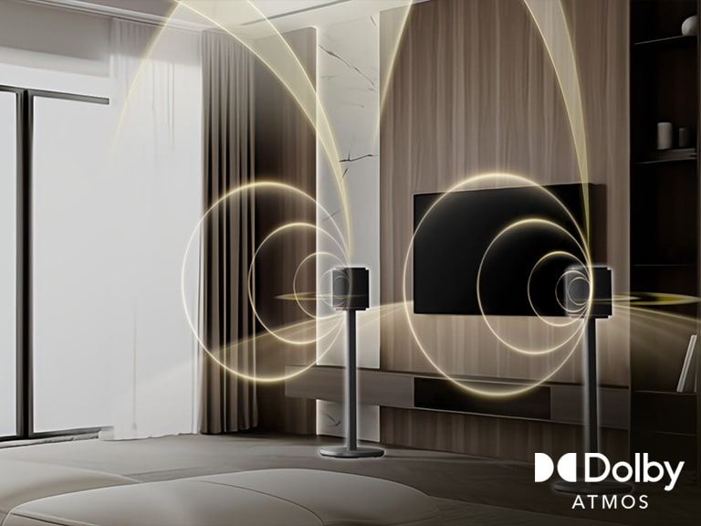 Una sala de estar con ondas sonoras curvas procedentes de una barra de sonido LG Sound Suite con sistema de sonido envolvente compatible con Dolby Atmos FlexConnect para la televisión