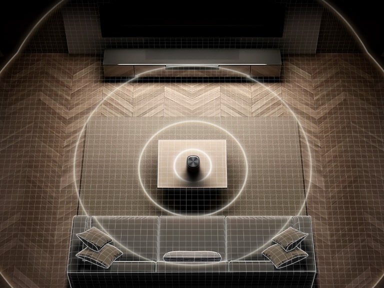 Top-down view of a living room where circular sound waves spreading evenly between the speaker and soundbar, illustrating Room Calibration