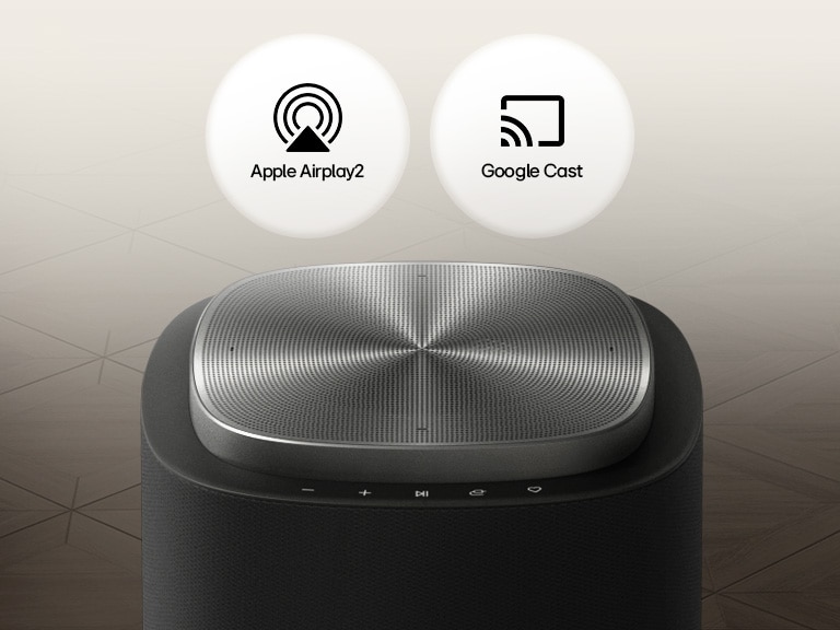 1) LG Sound Suite with Dolby Atmos FlexConnect technology detects each speaker’s location to optimize surround sound systems 2) LG Sound Suite speaker emitting golden sound waves, illustrating AI Sound Pro for an optimized home sound system 3) LG Sound Suite speakers arranged with a TV , highlighting versatile use for home audio systems