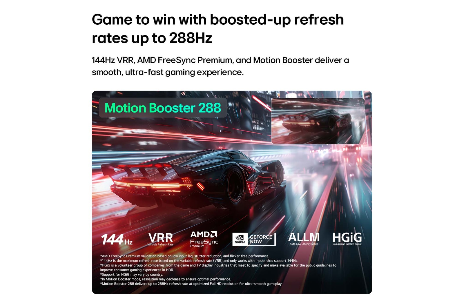 LG Mini RGB evo AI MRGB85 with Ultimate Gameplay shows a vibrant, high-speed racing scene with a blurred comparison inset highlighting Motion Booster 288, while supporting 144Hz, VRR, AMD FreeSync, ALLM, HGiG, and GeForce NOW.