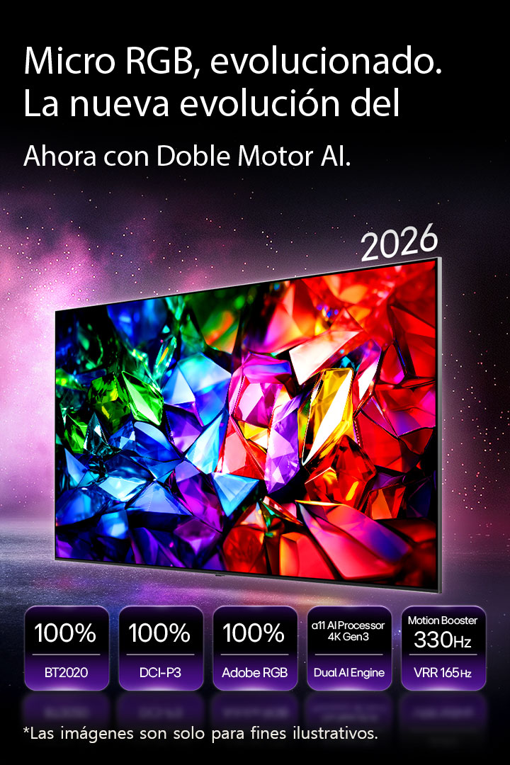 LG Micro RGB evo AI MRGB95, the new color evolution displays a vivid crystalline color image with sharp facets of red, green and blue. Featured by 100% color coverage of BT2020, DCI-P3 and Adobe RGB, alpha 11 AI Processor 4K Gen3 Dual Engine and Motion Booster 330Hz with VRR 165Hz. 