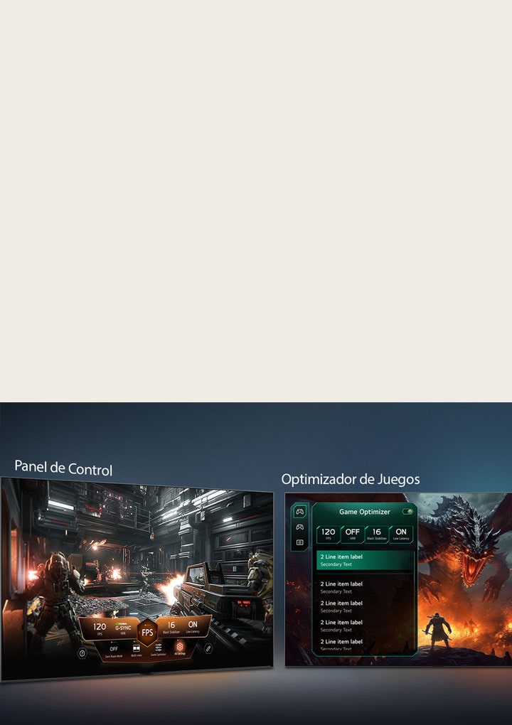 LG Micro RGB evo AI MRGB95 with Game Dashboard and Optimizer shows side-by-side game screens and an on-screen menu for adjusting gameplay settings such as refresh rate, latency, and visual modes in real time. 	