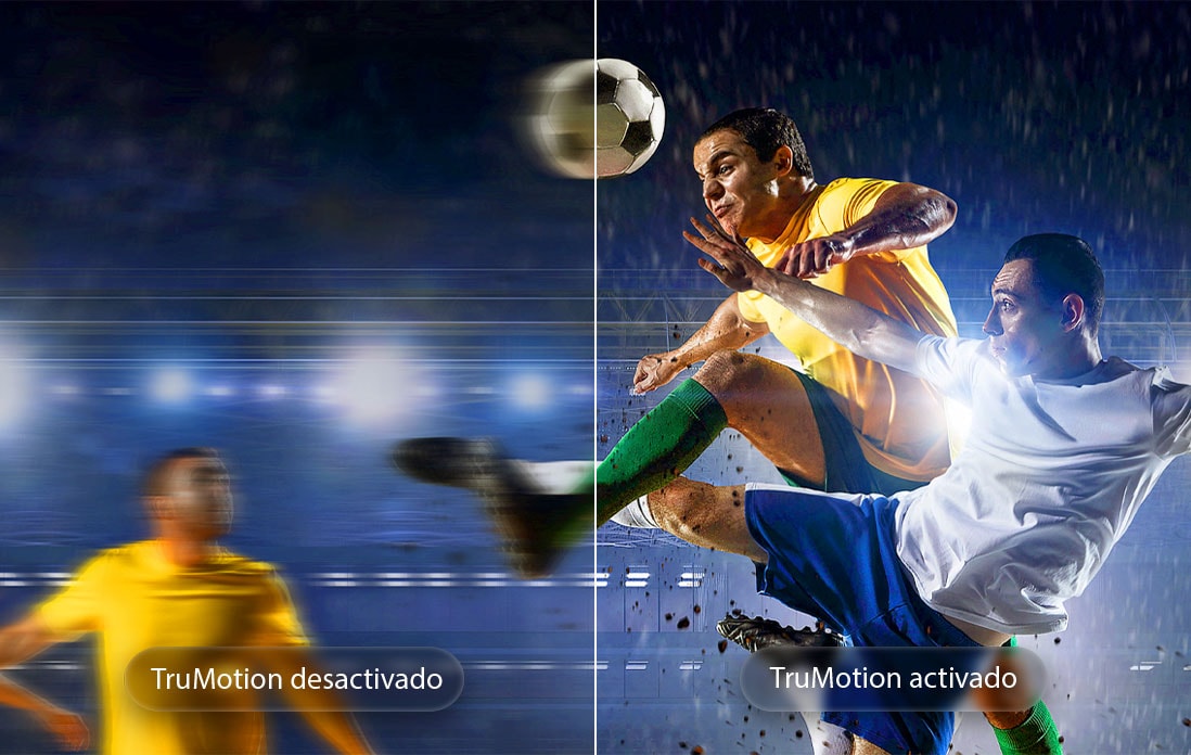 LG Micro RGB evo AI MRGB95 with TruMotion highlights motion smoothing in a split-screen soccer scene, contrasting blurred action with TruMotion Off and sharp, clear movement with TruMotion On to emphasize clarity in fast-paced sports. 	