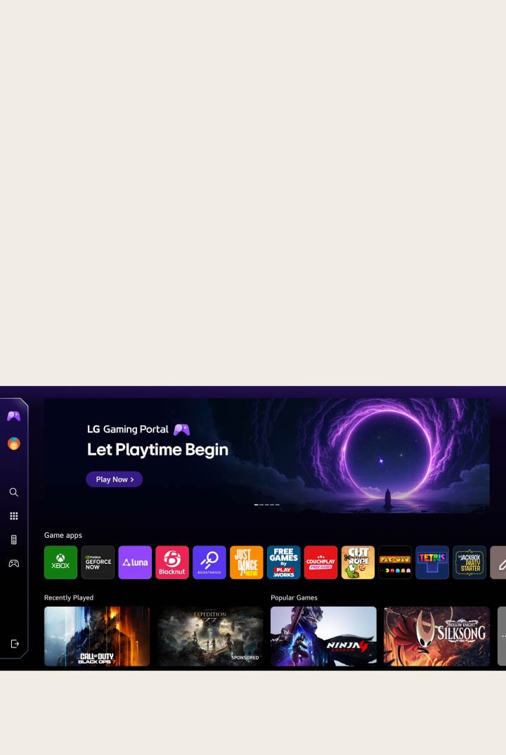 LG Micro RGB evo AI MRGB95 features the LG Gaming Portal with a gaming hub layout, combining featured content and game tiles in a unified interface that expands to provide access to Xbox Cloud Gaming, GeForce NOW, and webOS game apps.