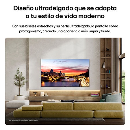 La LG OLED evo AI C6 se monta en la pared de una elegante sala, con un diseño ultradelgado y biseles angostos, y muestra en la pantalla un paisaje urbano a orillas del río durante la puesta de sol. 