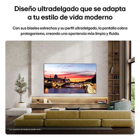 La LG OLED evo AI C6 se monta en la pared de una elegante sala, con un diseño ultradelgado y biseles angostos, y muestra en la pantalla un paisaje urbano a orillas del río durante la puesta de sol.