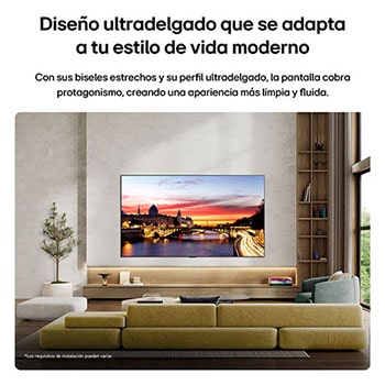 La LG OLED evo AI C6 se monta en la pared de una elegante sala, con un diseño ultradelgado y biseles angostos, y muestra en la pantalla un paisaje urbano a orillas del río durante la puesta de sol. 
