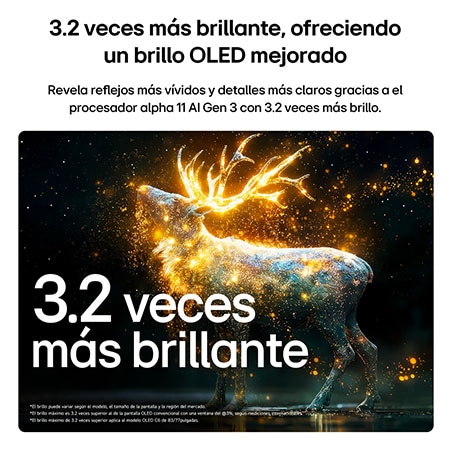 La LG OLED evo AI C6 con Brightness Booster Pro muestra una escena oscura en la que unas partículas brillantes rodean la silueta de un ciervo, ofreciendo un brillo máximo hasta 3.2 veces mayor, con una luminancia más alta y detalles más nítidos.
