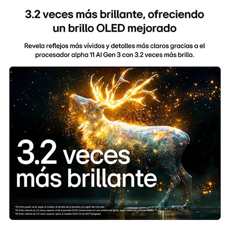 La LG OLED evo AI C6 con Brightness Booster Pro muestra una escena oscura en la que unas partículas brillantes rodean la silueta de un ciervo, ofreciendo un brillo máximo hasta 3.2 veces mayor, con una luminancia más alta y detalles más nítidos.