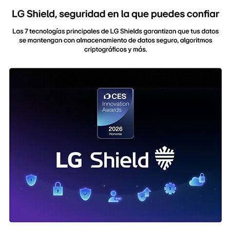 G Shield, aplicado a la LG OLED evo AI C6, se muestra con el logotipo de LG Shield en el centro, los íconos de seguridad abajo y la insignia de los Premios a la Innovación CES 2026 arriba, lo que representa la protección de datos y del sistema.