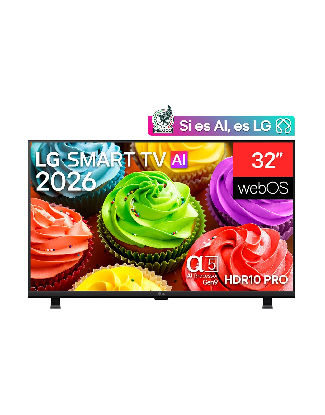 The front view of the LG SMART TV AI LB65 FHD TV, released in 2026, fills the screen with a close-up of colorful cupcakes, highlighting smooth frosting, varied colors, and clear surface detail across the display.