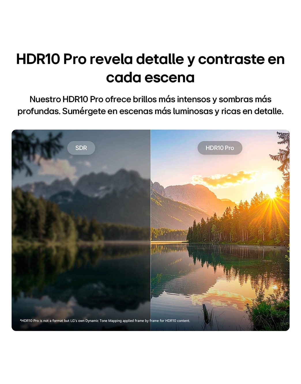 LG SMART TV AI LB65 FHD TV highlights HDR10 Pro through a split scenic lake-and-mountain image, comparing SDR with HDR10 Pro to reveal brighter highlights, deeper shadows, and more refined contrast.