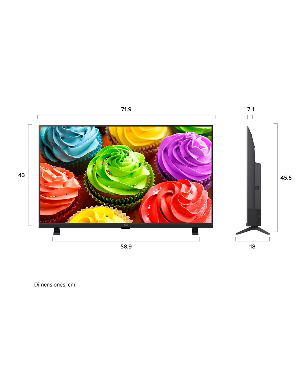 LG SMART TV AI LB65 FHD TV shown in front and side views highlights a 32-inch display with a 719 mm-wide screen, 430 mm screen height, 456 mm height with stand, a 71 mm profile depth, and a stand footprint measuring 589 by 180 mm.