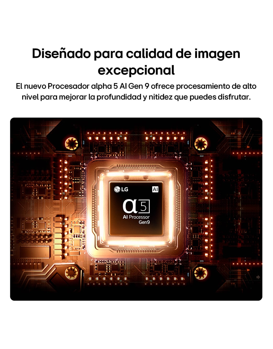LG SMART TV AI LB65 FHD TV’s alpha 5 AI Processor Gen9 glows at the center of an orange circuit board, highlighting AI processing that delivers clearer picture quality with enhanced sharpness and depth.