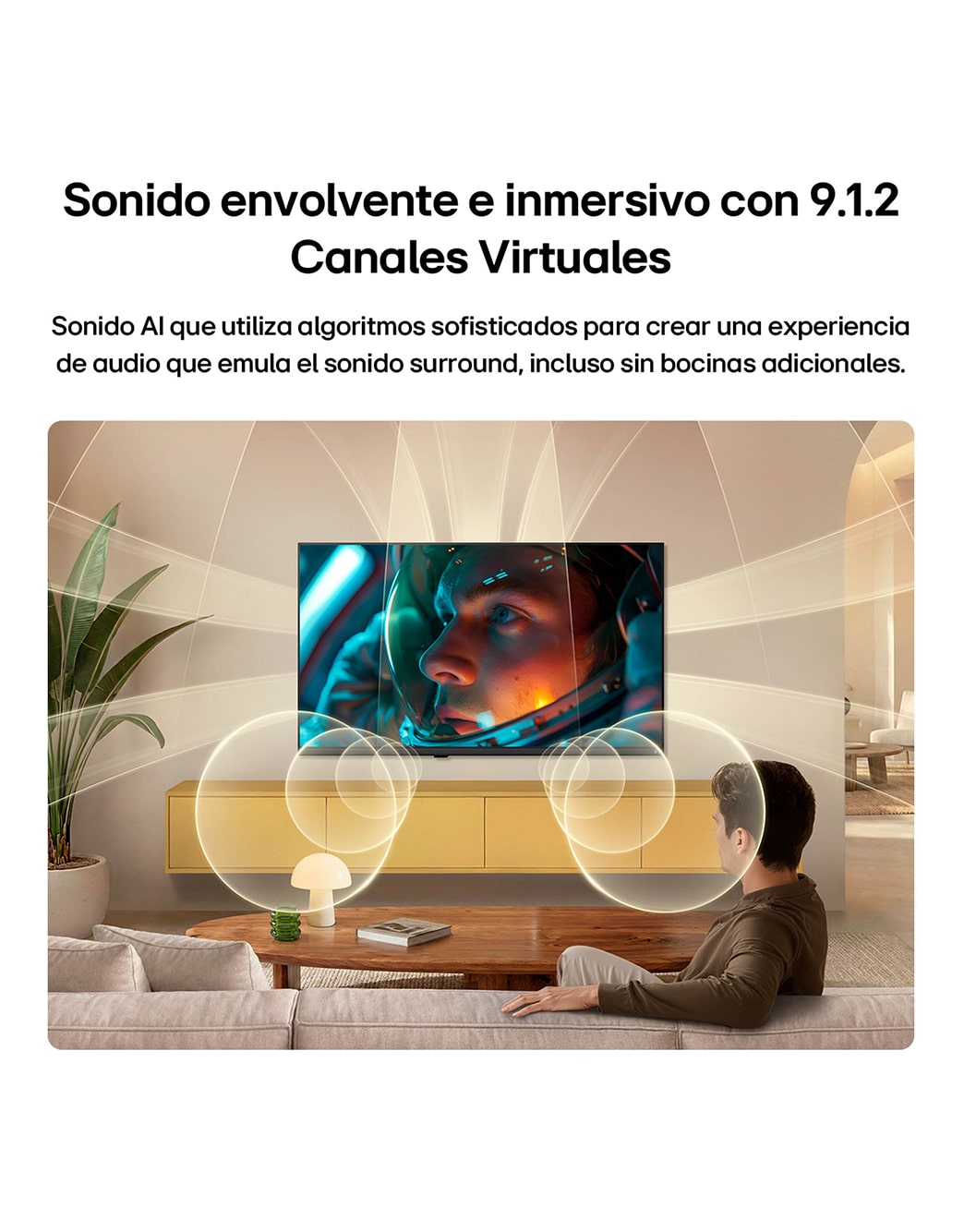 LG SMART TV AI LB65 FHD TV with Virtual 9.1.2 by AI Sound fills a modern living space as an astronaut movie scene plays on screen, with multi-directional sound spreading through the room to enhance immersion throughout the space.