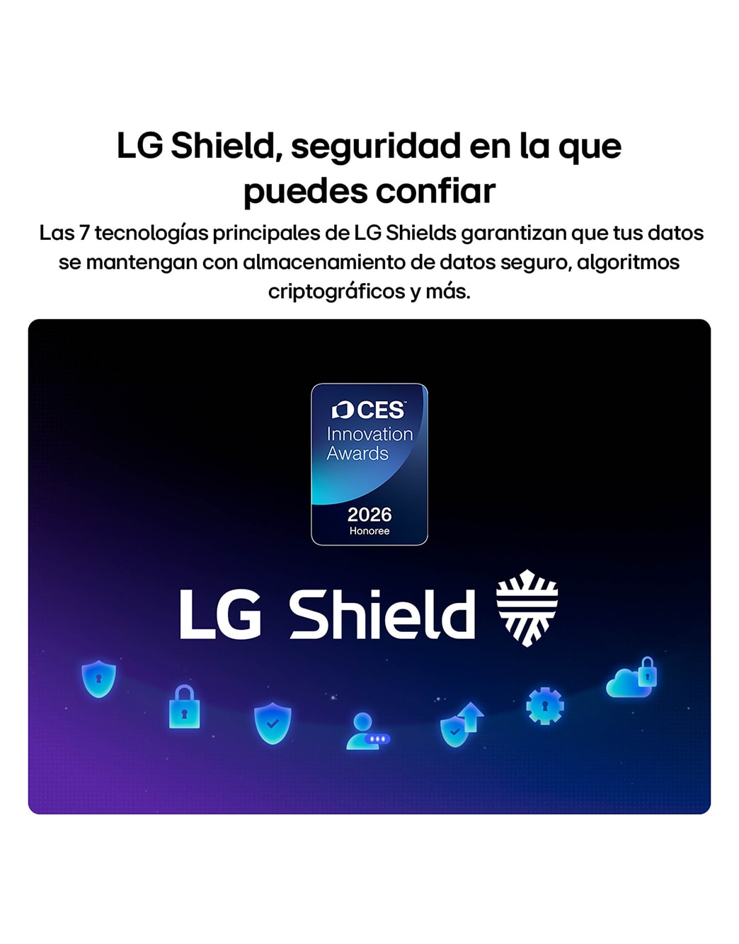 LG Shield, applied toLG SMART TV AI LB65 FHD TV, is shown with an LG Shield logo at the center, security icons below, and a 2026 CES Innovation Awards Honoree badge above, representing data and system protection.