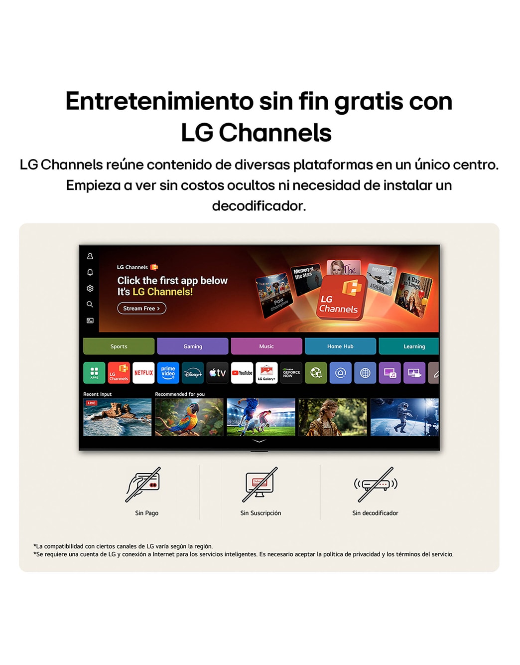 LG SMART TV AI LB65 FHD TV home screen navigates into the LG Channels interface, with free live TV channels, movies, and exclusive content. It highlights direct access to hundreds of entertainment options with no payment, no subscription, and no set-top box required.