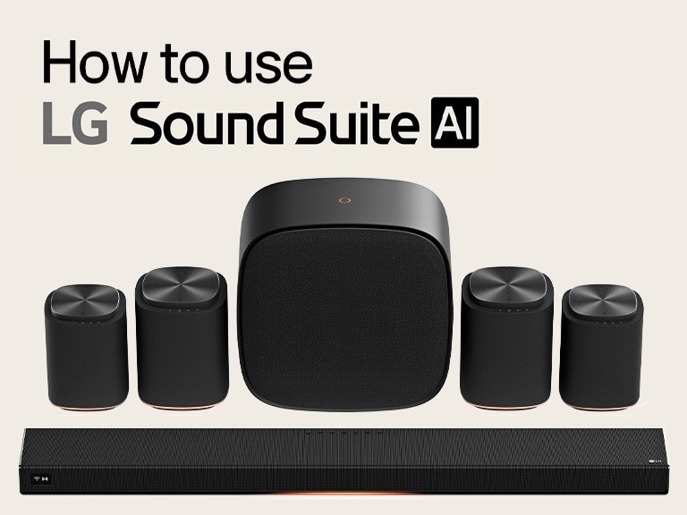 Conjunto de bocinas de cine en casa LG Sound Suite con una barra de sonido H7, un par de bocinas M7, otro par de bocinas M5 y un subwoofer W7.