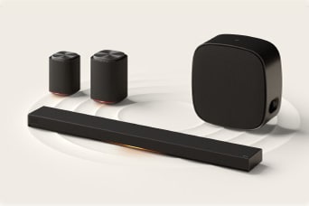 Conjunto LG Sound Suite con una barra de sonido negra, un par de bocinas y un subwoofer conectados de forma inalámbrica