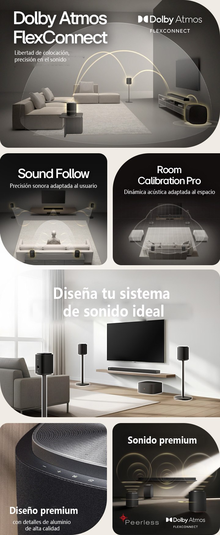 1) LG Sound Suite, con tecnología Dolby Atmos FlexConnect, detecta la ubicación de cada bocina para ofrecer un sonido envolvente optimizado. 2) Vista desde arriba de un sistema de sonido envolvente con tecnología Sound Follow, que garantiza un sonido óptimo dondequiera que vayas. 3) La calibración de sala de LG Sound Suite analiza el espacio y la posición de las bocinas para ofrecer el mejor sistema de sonido envolvente. 4) Primer plano de una bocina LG Sound Suite con un diseño premium en plata metalizada y negro. 5) LG Sound Suite con audio espacial 3D Dolby Atmos y unidades Peerless para un sonido de primera calidad. 6) Una sala de estar moderna con televisor montado en la pared y sistema de sonido envolvente LG Sound Suite con adaptación de audio espacial impulsada por IA.