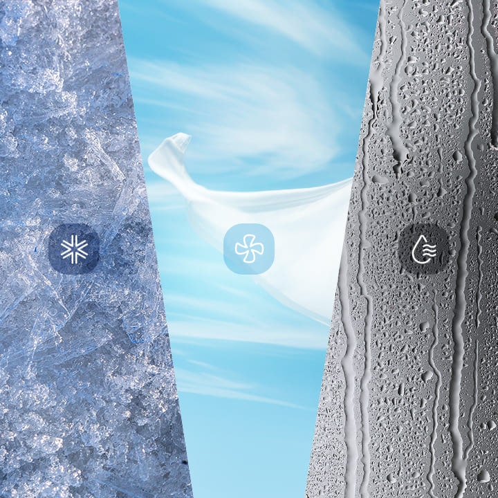 Ilustración de los modos de enfriamiento, ventilador y deshumidificación de un aire acondicionado de ventana LG, representada con hielo, flujo de aire y gotas de agua.