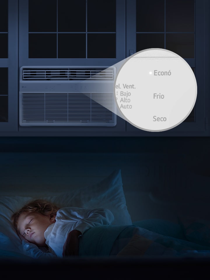 Aire acondicionado de ventana LG funcionando silenciosamente por la noche en un dormitorio, mostrando los modos de ahorro de energía y enfriamiento en la pantalla.