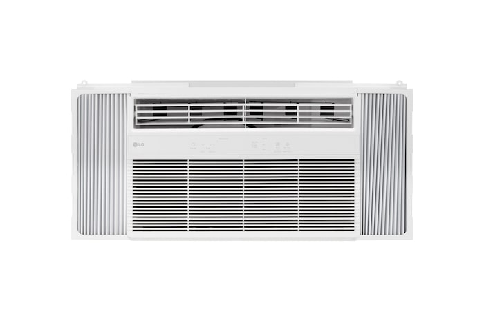 Wide front view of a window air conditioner with installed accessories