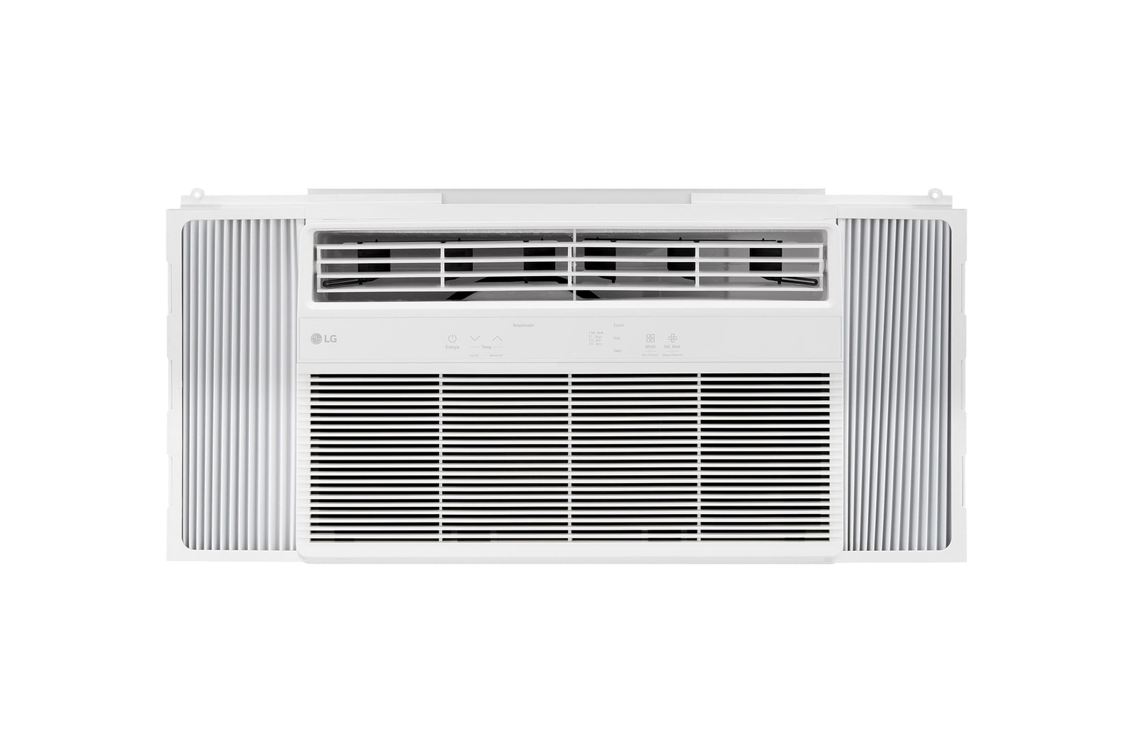 Wide front view of a window air conditioner with installed accessories