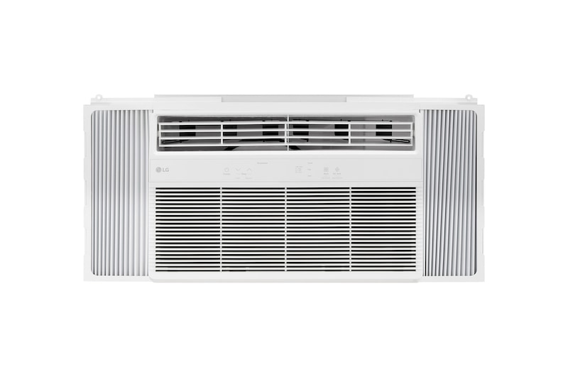 Wide front view of a window air conditioner with installed accessories