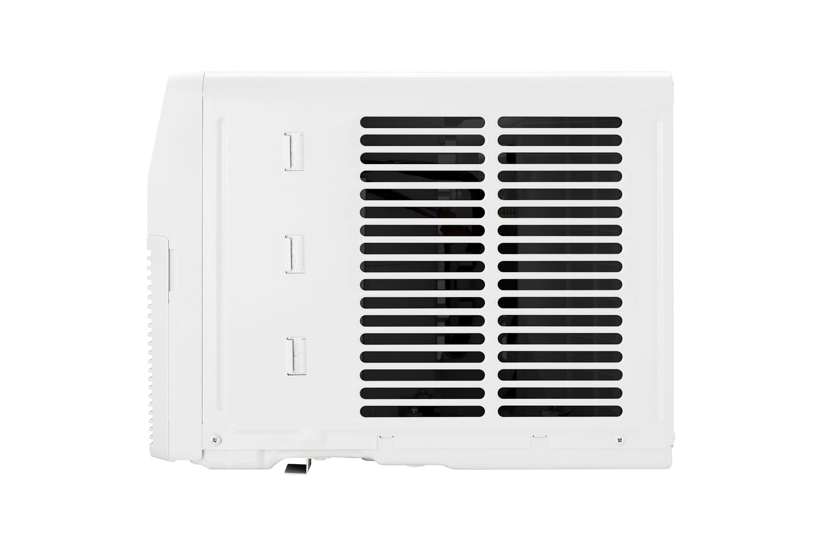 Right-side rear view of a window air conditioner with exhaust vents