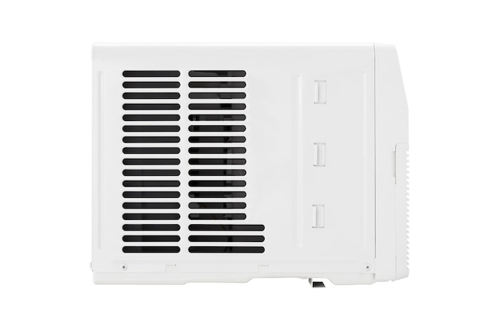 Left-side rear view of a window air conditioner with exhaust vents
