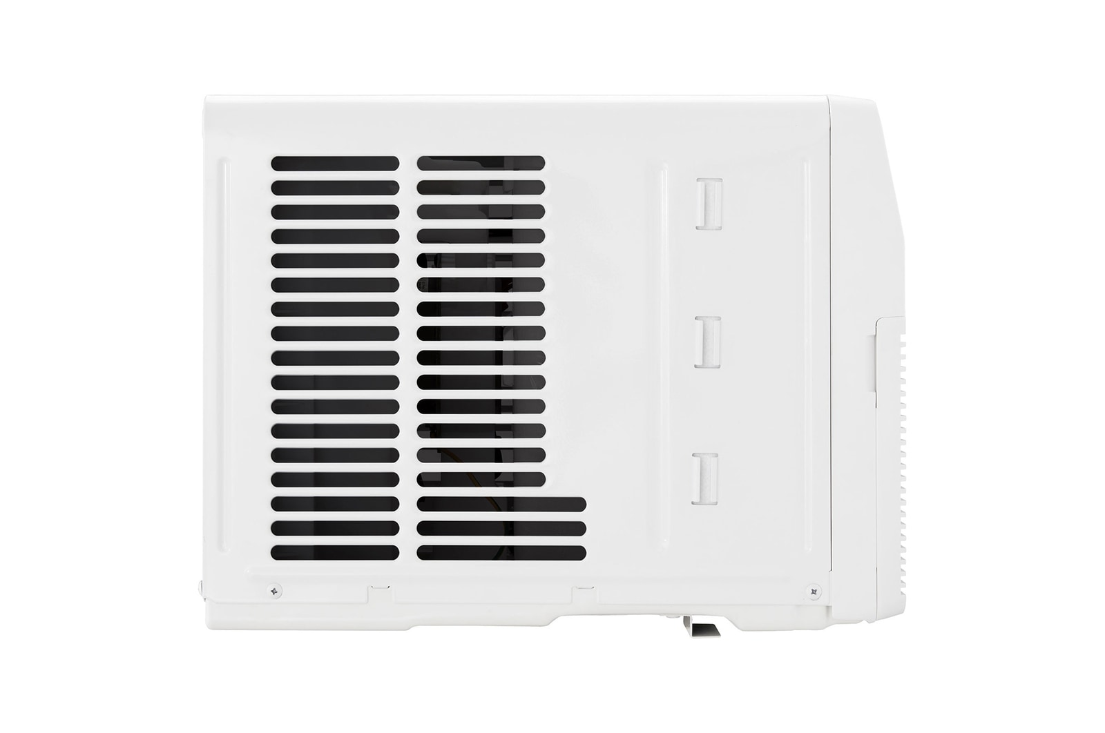 Left-side rear view of a window air conditioner with exhaust vents