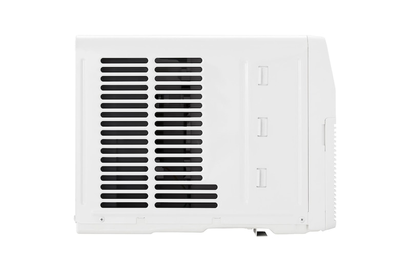 Left-side rear view of a window air conditioner with exhaust vents