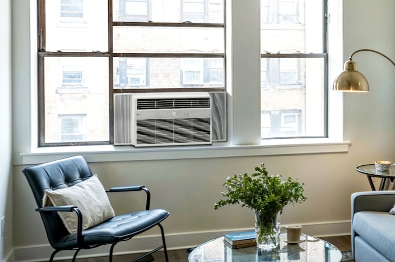 Window air conditioner installed in a living room with a sofa and plants