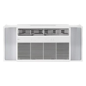 Wide front view of a window air conditioner with installed accessories