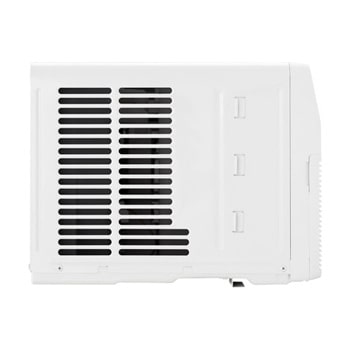 Left-side rear view of a window air conditioner with exhaust vents