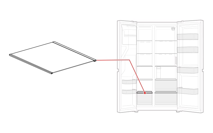 El estante tipo charola con tapa para verduras del refrigerador está arriba de la charola del compartimento del congelador.